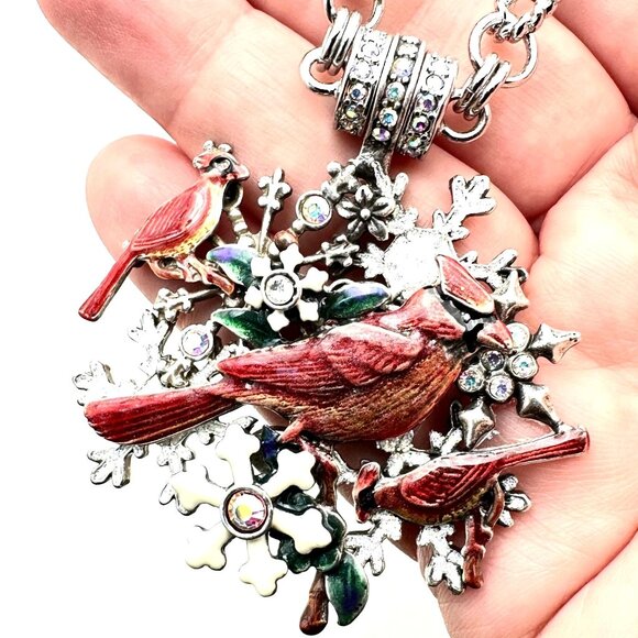 Kirks Folly Womens Necklace Crystal Magnetic Red Bird Cardinal Snowflake Silver - Picture 1 of 4